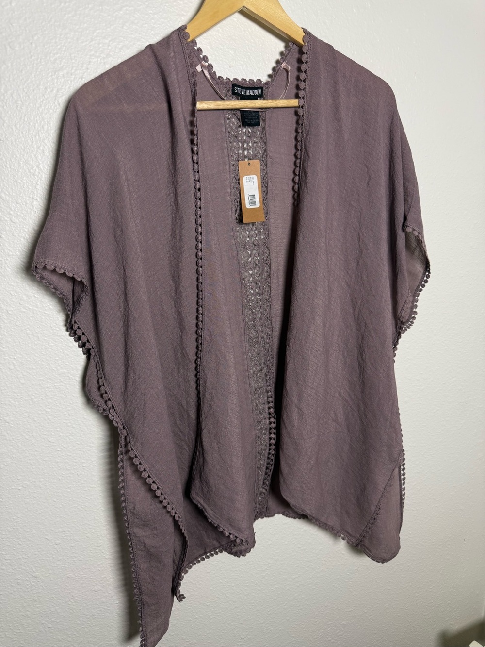 Steve Madden Mauve Open-Front Crochet-Trim Kimono